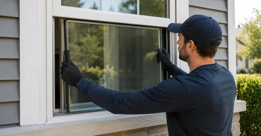 technician boarding up broken window during emergency glass repair St. Thomas