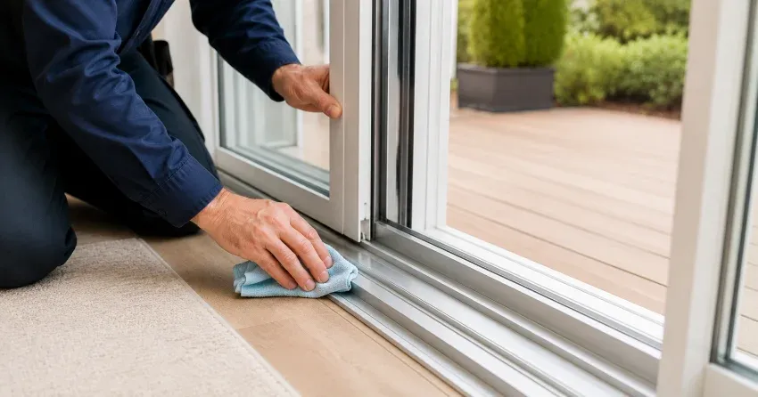 technician inspecting a sliding patio door track in Eagle Ridge, St. Thomas