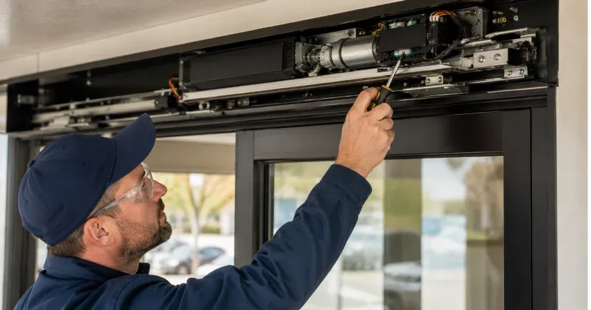 technician completing automatic door repair on residential property in St. Thomas