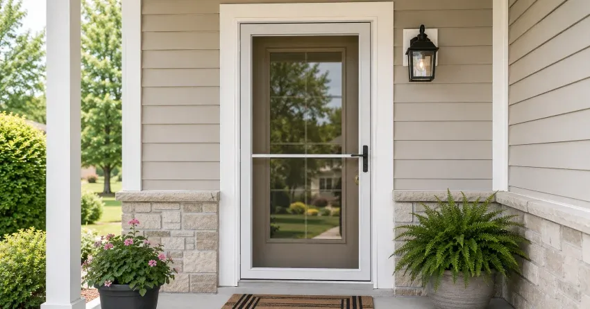 technician hanging storm door square and plumb in Orchard Park Meadows, St. Thomas