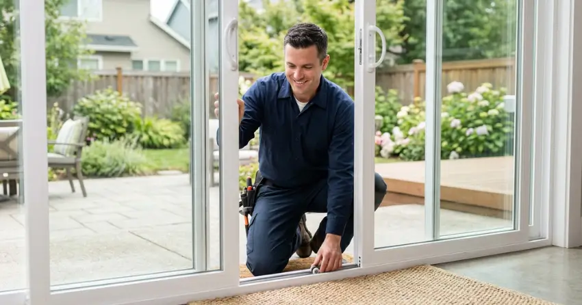 technician diagnosing a sticking patio door in Shaw Valley, St. Thomas
