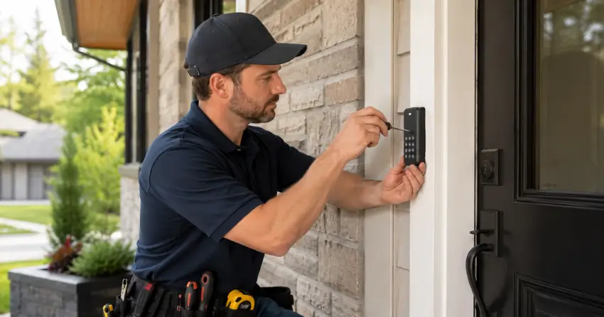 Technician installing an access control system keypad beside a residential front door in St. Thomas