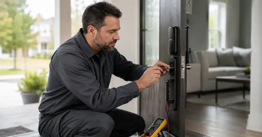 technician diagnosing automatic door lock mechanism on residential door in St. Thomas