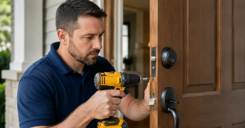 technician installing a new deadbolt during Change Door Lock Orchard Park Meadows, St. Thomas service