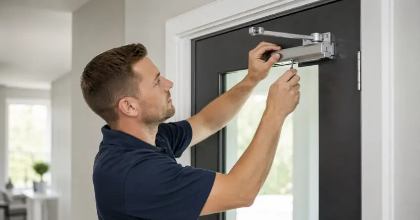 technician adjusting door closer hydraulic valve in St. Thomas home
