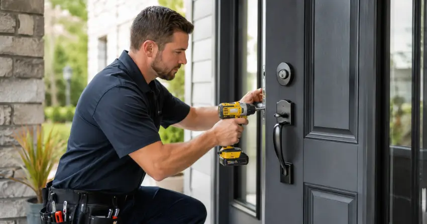 locksmith installing deadbolt lock on exterior door in St. Thomas