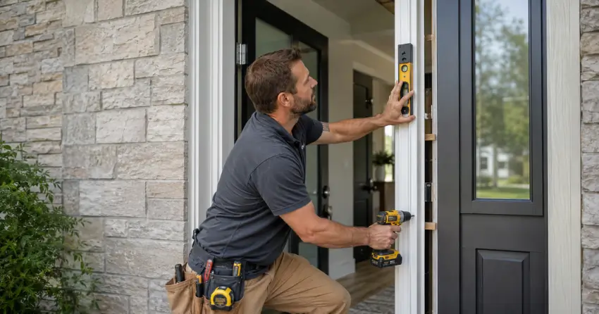 technician installing a new exterior door frame in St. Thomas