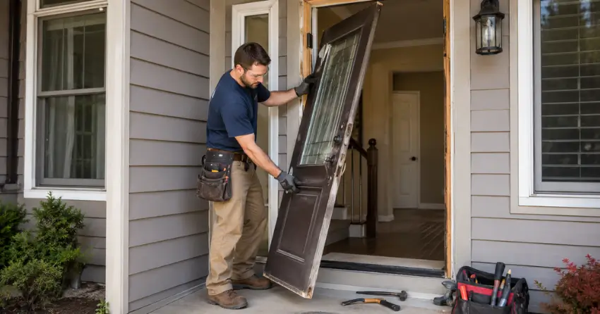 old exterior door being removed for replacement in St. Thomas