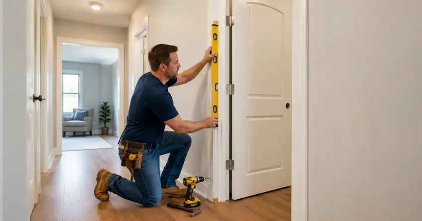technician installing a pre-hung interior door in a home hallway St. Thomas