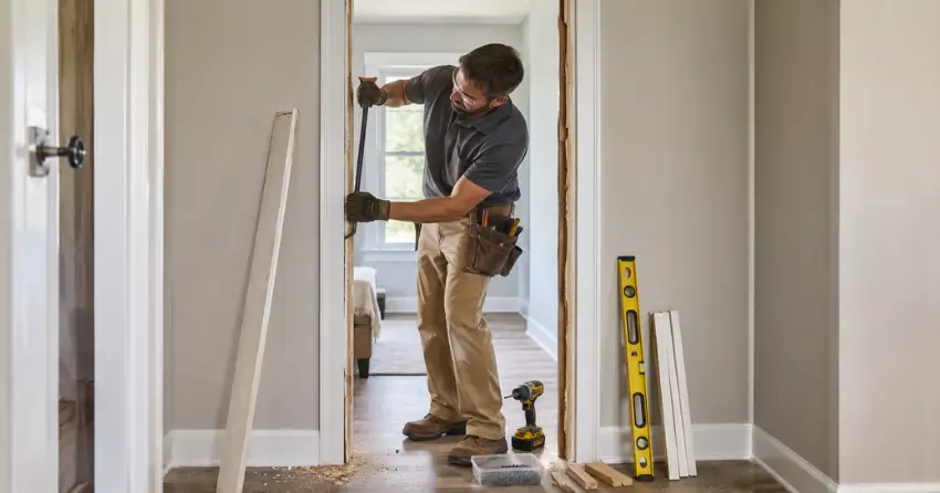 technician removing an old interior door frame during installation St. Thomas