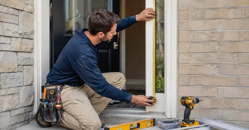 technician measuring door frame before storm door install in St. Thomas