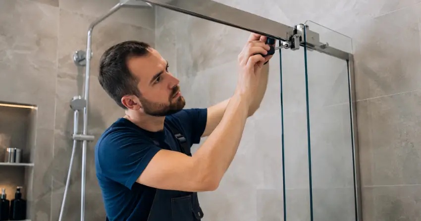 technician adjusting shower door hinge and track in Shaw Valley, St. Thomas