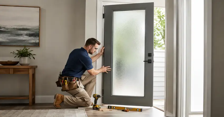 glass panel door installation with frosted privacy glass in residential setting in St. Thomas