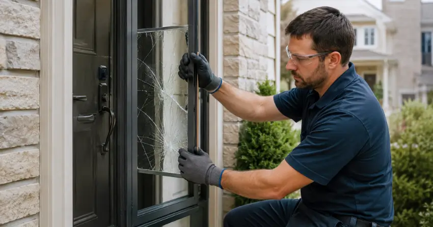 technician removing cracked storm door glass panel in St. Thomas