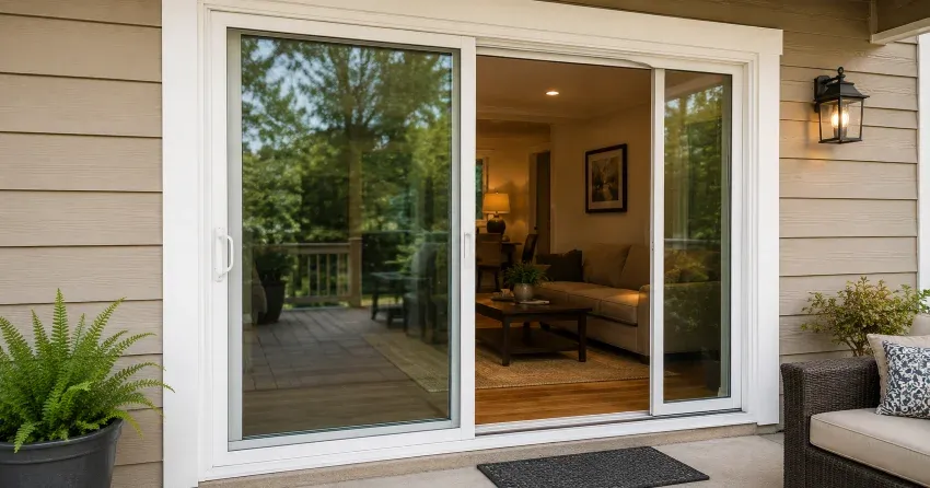 Patio Door Installation technician setting a new frame in St. Thomas