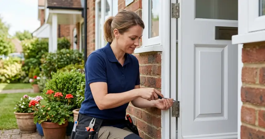 technician repairing exterior door hinge and frame in Orchard Park South, St. Thomas