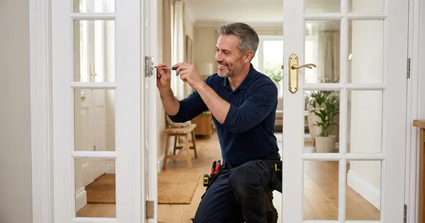 technician adjusting French door hinge for proper alignment in Orchard Park South, St. Thomas