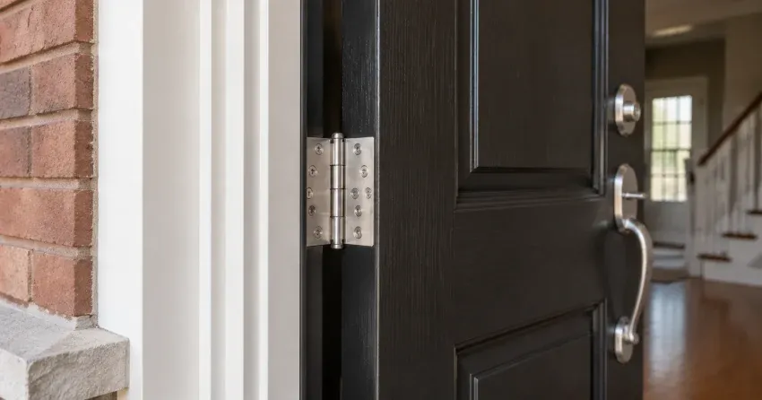 technician repairing a front door lock and frame in St. Thomas