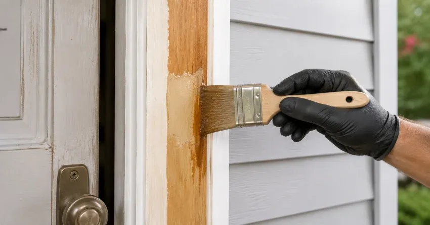 technician probing rotted wood on a door frame in Orchard Park South, St. Thomas