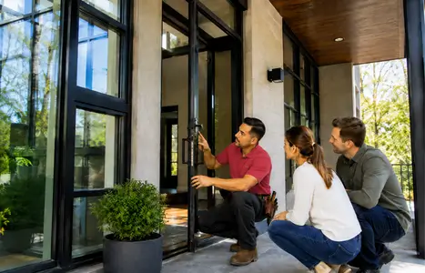 Modern home exterior with floor-to-ceiling windows by Windows & Doors St. Thomas